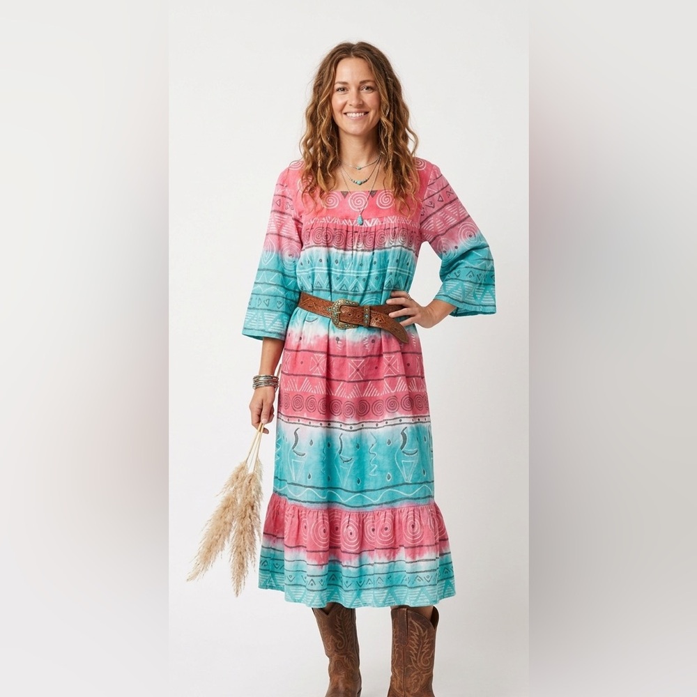 RAMONA RULL VNTG 1960’s/1970’s Hippy Boho Geometric Hippie Maxi Dress Size Large